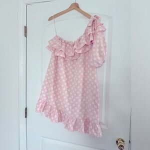 Lisa Marie Fernandez Linen Blend Pink Polka Dot One Shoulder Dress | XL